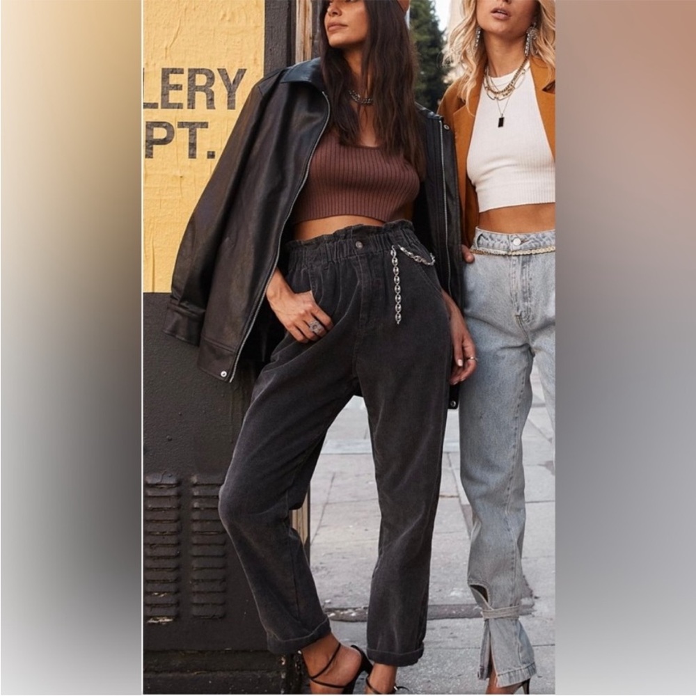 12th Tribe Black Corduroy Paperbag Waist Trouser Pants
